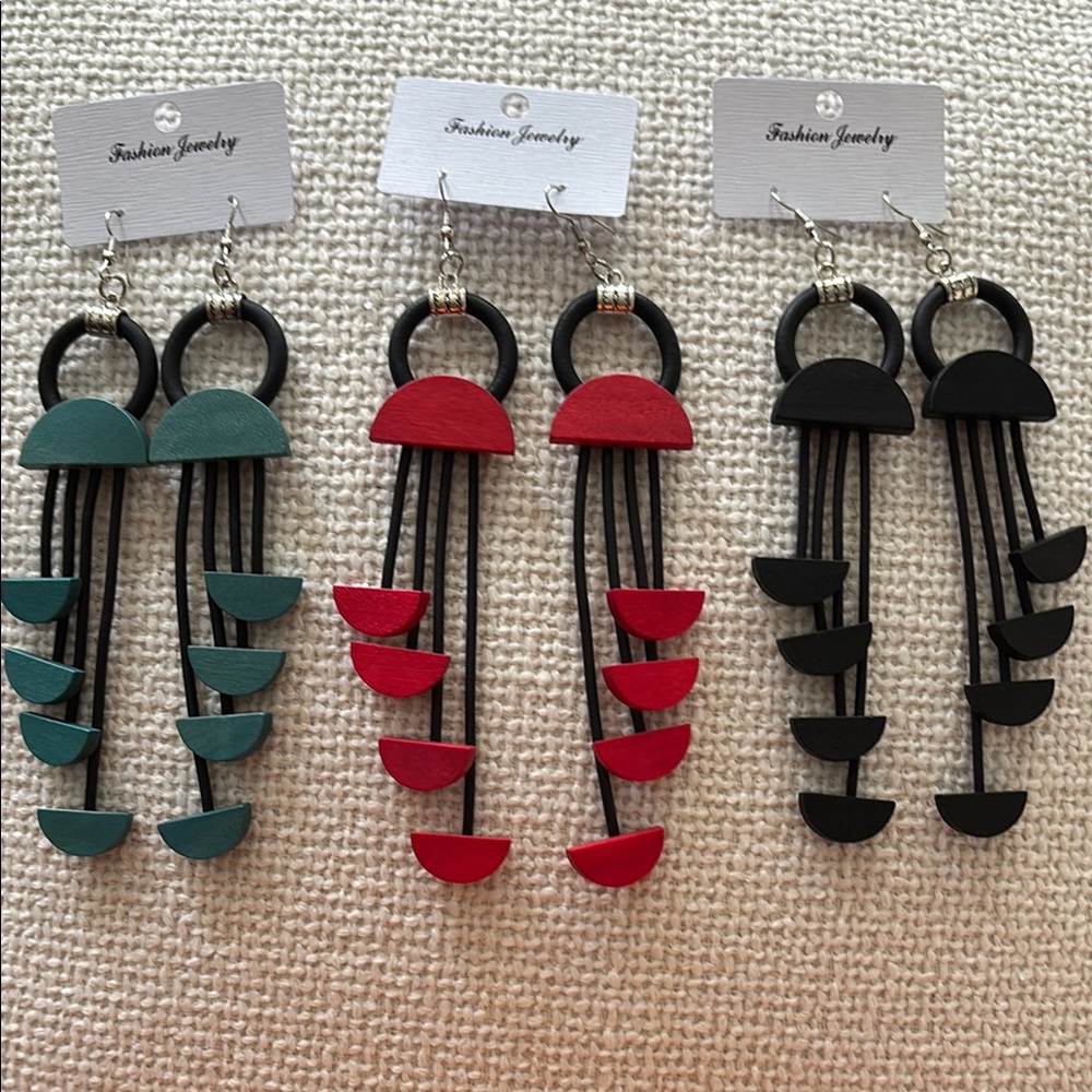 Colorful Geometric Dangle Earrings. Rubber & wooden extremely lightweight